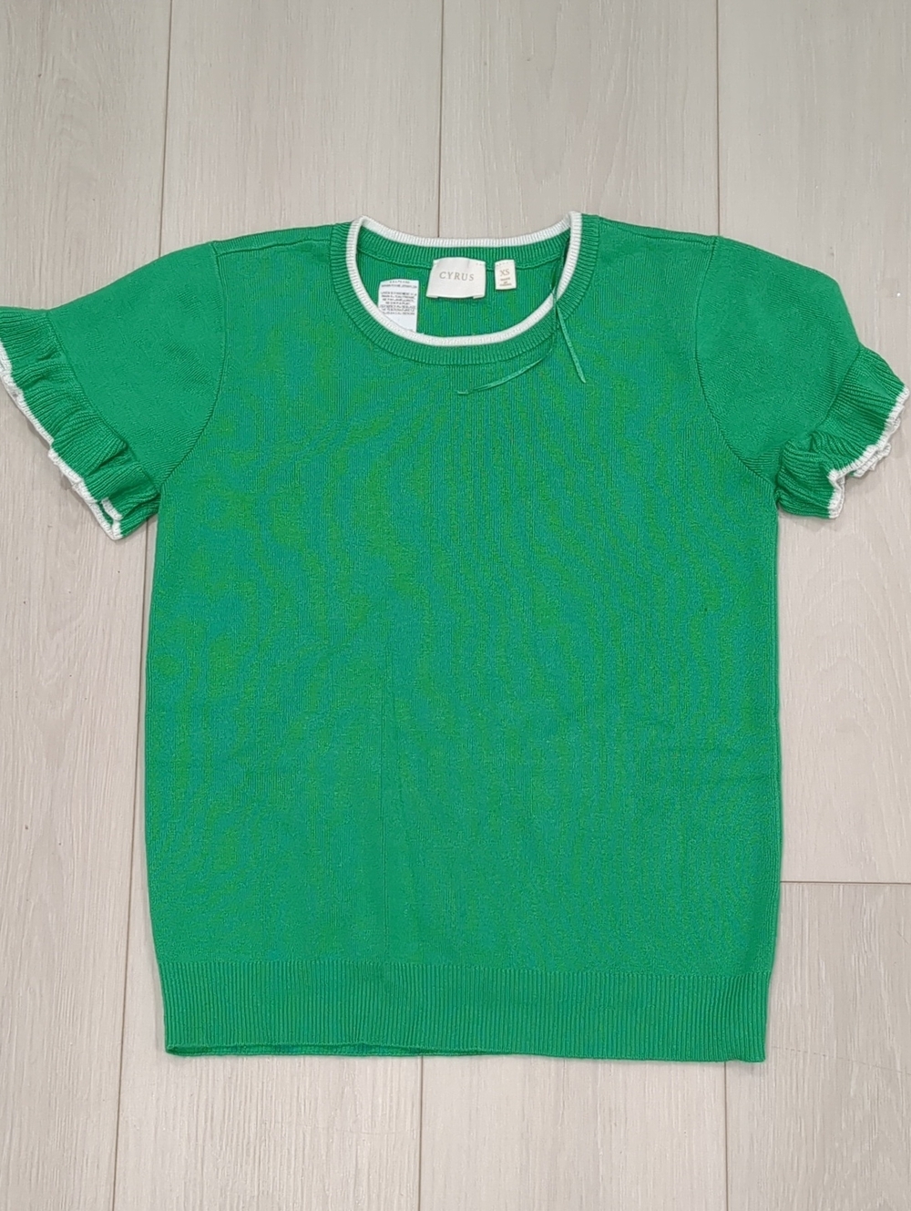 Cyrus Green Knit Top with White Trim and Ruffle Sleeves